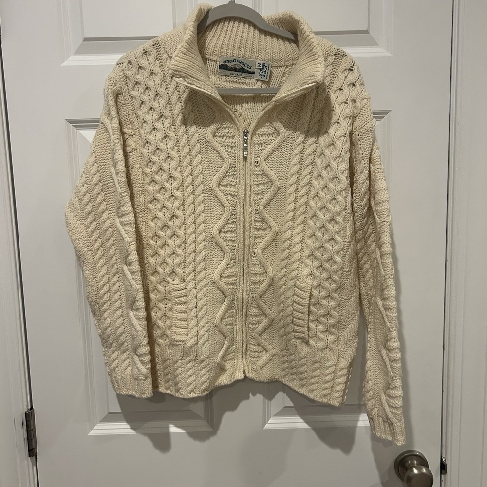 Aran Crafts Ireland Merino Wool Men's Medium Beige Full Zip Fisherman Sweater